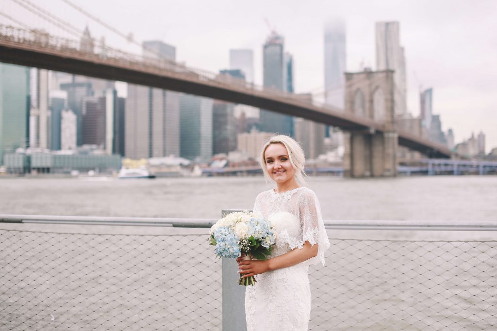 Wedding Photographer 21 Beautiful bride bouquet makeup Brooklyn Bridge 1