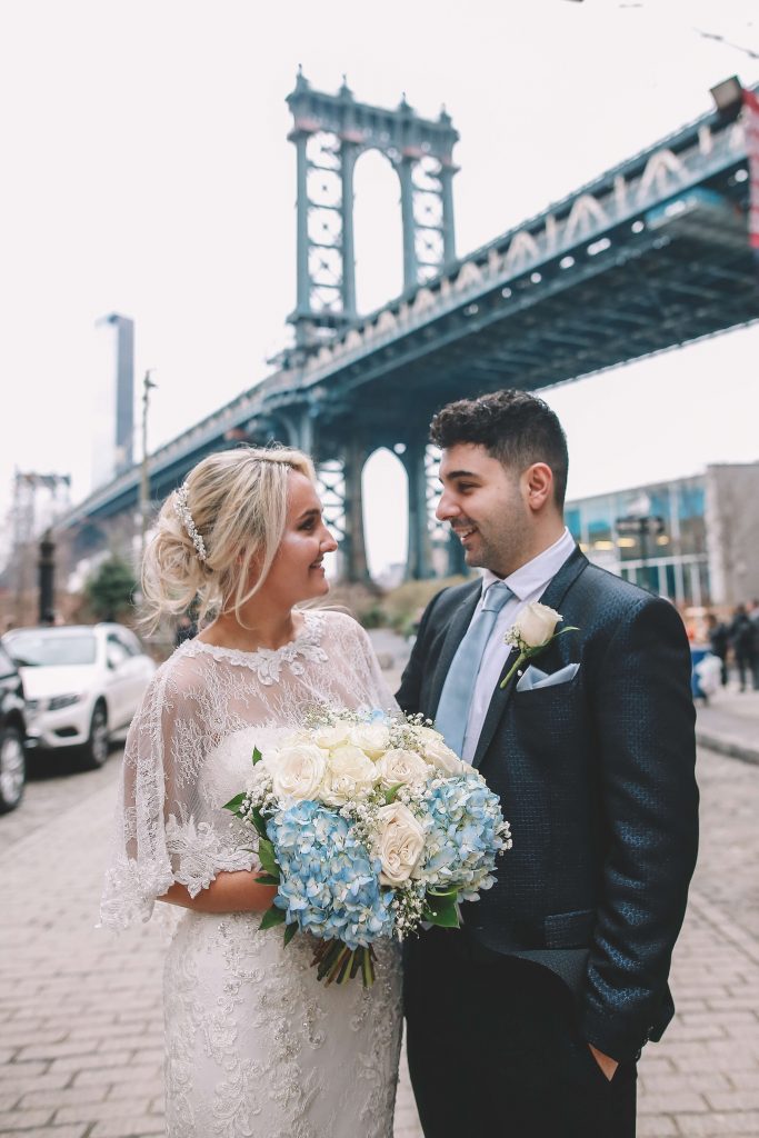 Wedding Photographer 18 Bridal Bouquet blue white Brooklyn Bridge 1