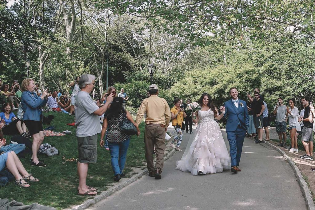 summer wedding central park brazilian couple on park path